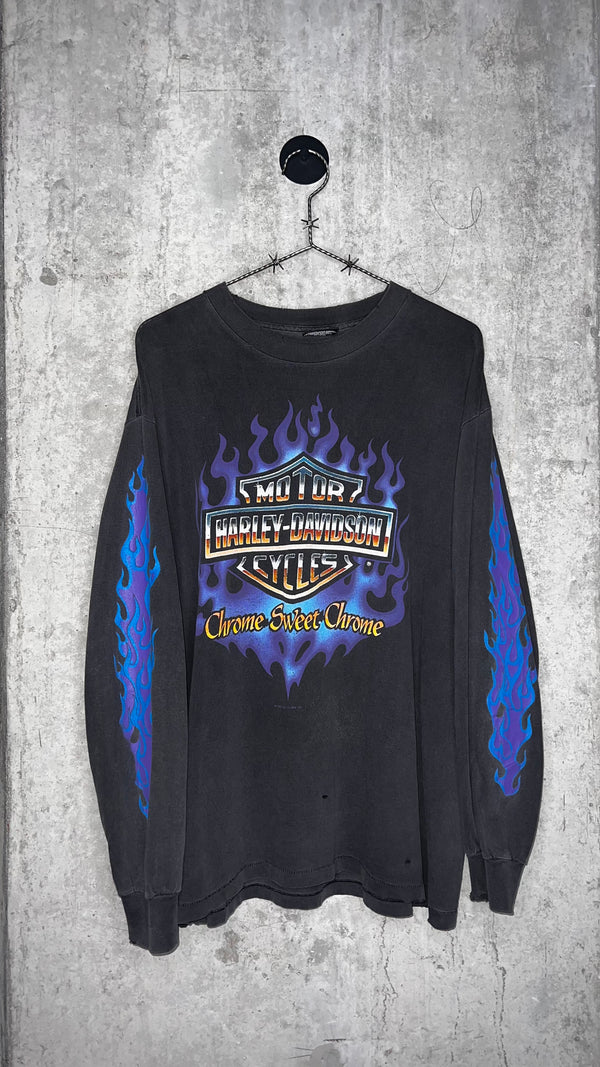 HARLEY DAVIDSON CHROME SWEET CHROME DISTRESSED & FADED FLAME LONG SLEEVE GRAIL | TEXAS BACK HIT
