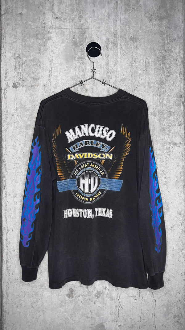 HARLEY DAVIDSON CHROME SWEET CHROME DISTRESSED & FADED FLAME LONG SLEEVE GRAIL | TEXAS BACK HIT