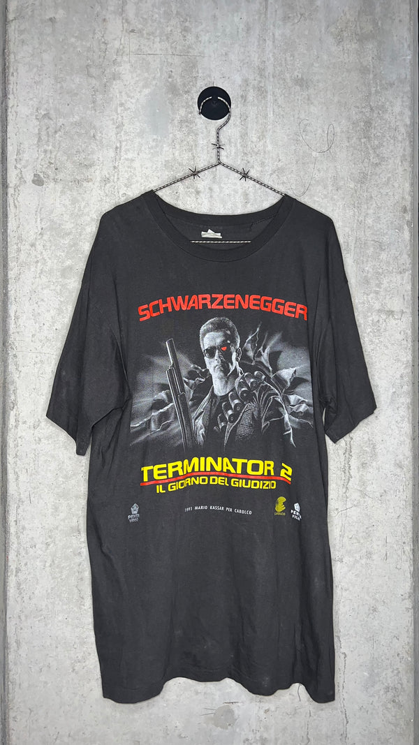 TERMINATOR 2 ITALIAN MOVIE PROMO TEE | HASTA LA VISTA BABY BACK HIT | ARNOLD SCHWARZENEGGER