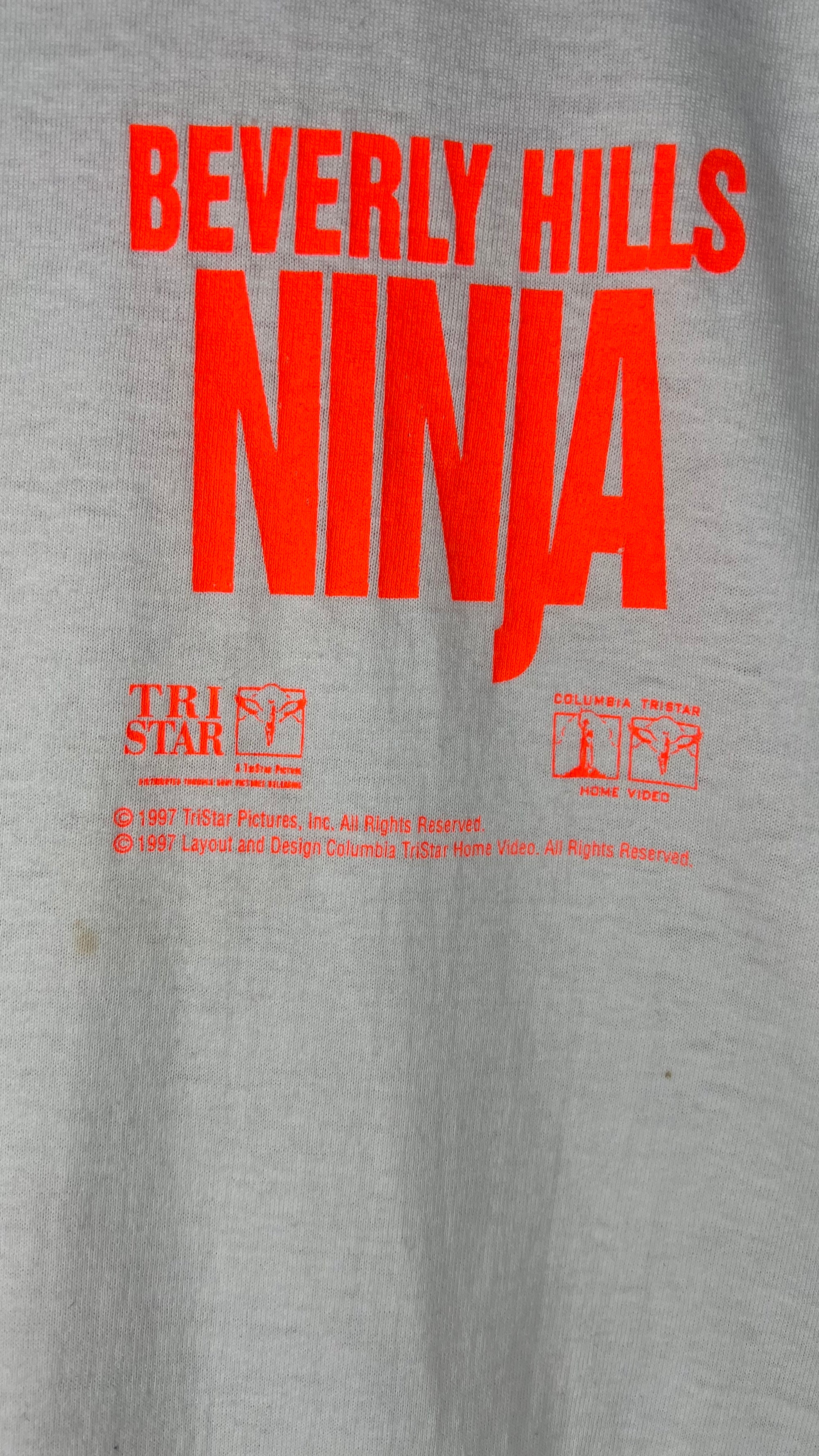 BEVERLY HILLS NINJA TITLE HIT TEE | THE VIDEO CHOICE GIANT VIDEO SUPERSTORES SLEEVE HIT