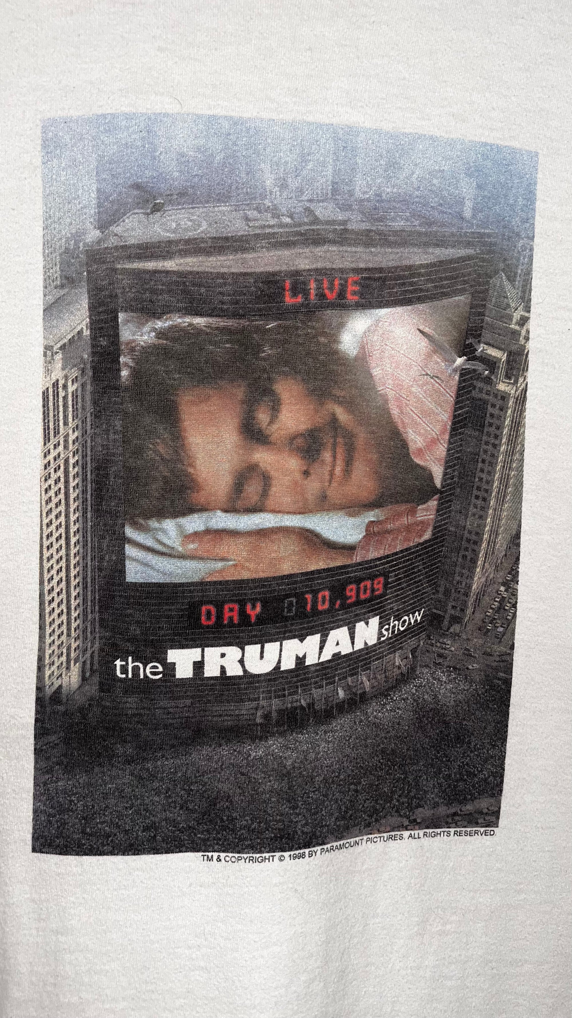 THE TRUMAN SHOW RARE POSTER PRINT MOVIE TEE | JIM CARREY | ‘ON THE AIR, UNAWARE’