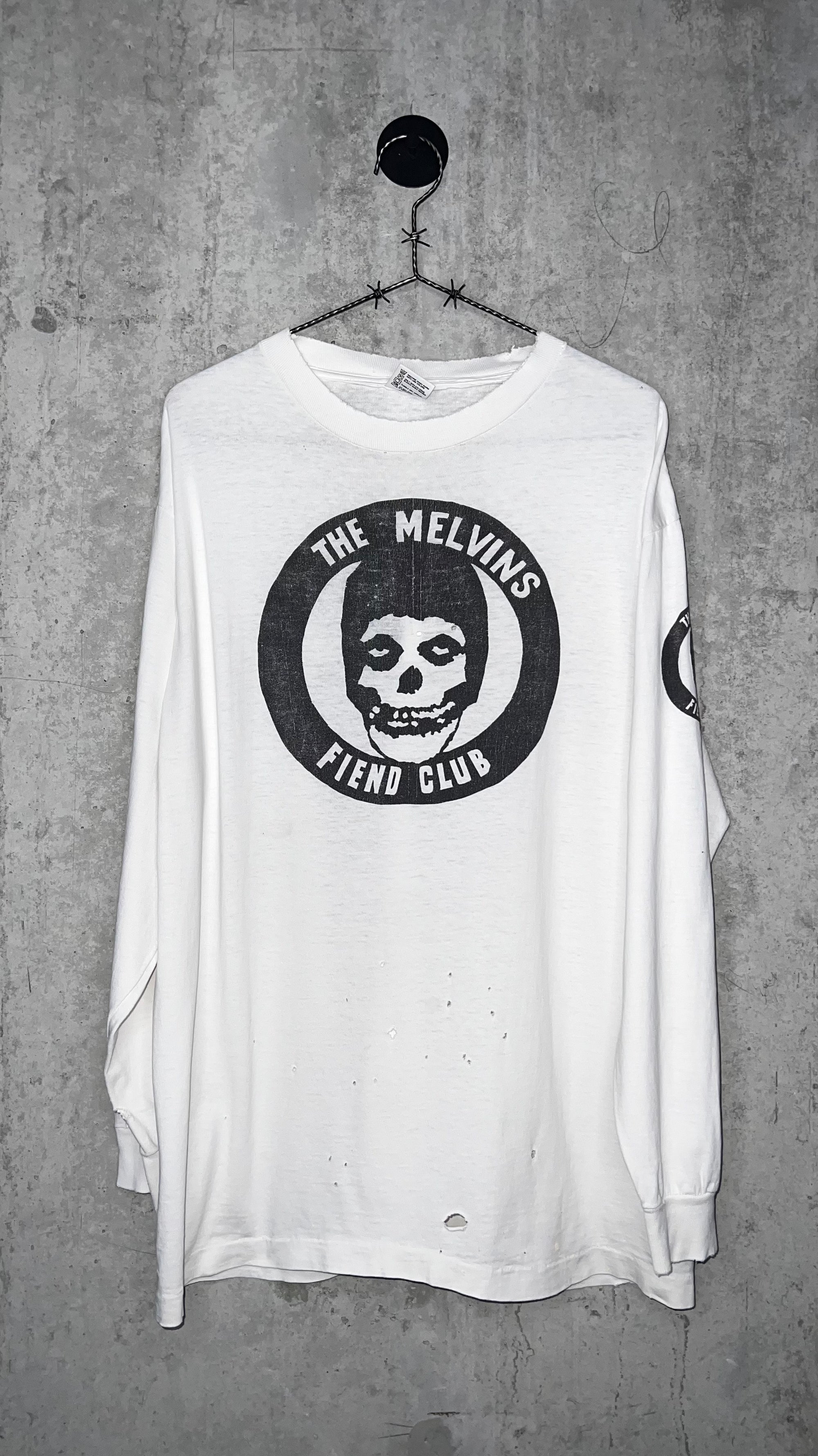 MELVINS FIEND CLUB FOUR-SIDED LONG SLEEVE THRASHED TEE 90’ | BONE RECORDS BLACK FLAG RIP BACK HIT | PUSHEAD ARTWORK