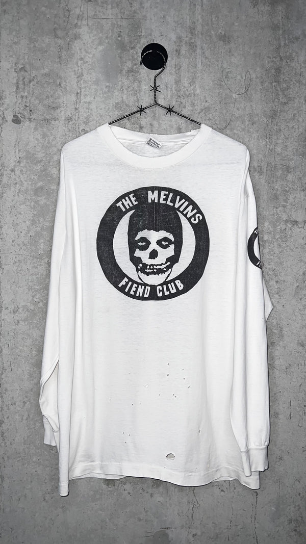 MELVINS FIEND CLUB FOUR-SIDED LONG SLEEVE THRASHED TEE 90’ | BONE RECORDS BLACK FLAG RIP BACK HIT | PUSHEAD ARTWORK