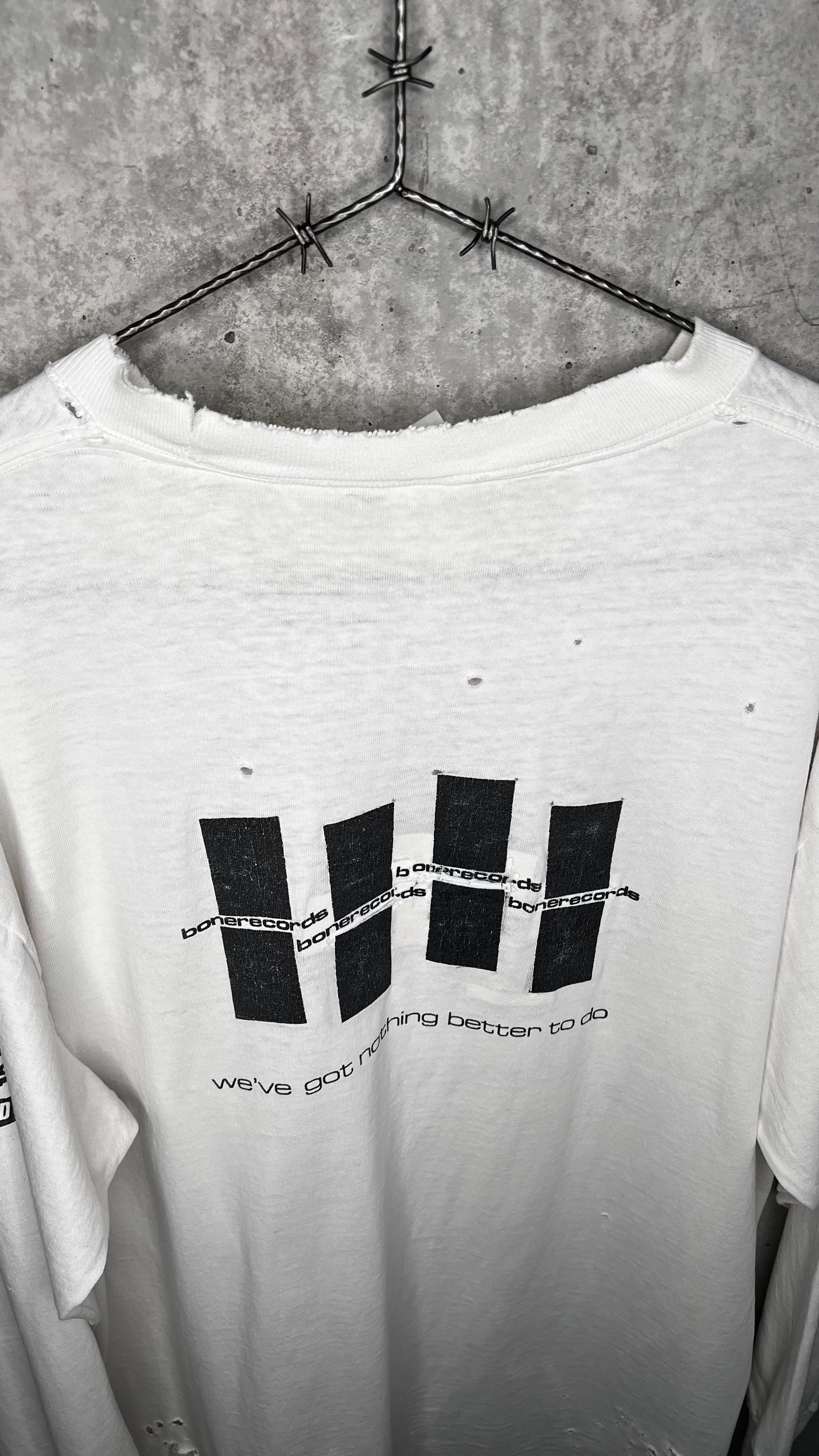 MELVINS FIEND CLUB FOUR-SIDED LONG SLEEVE THRASHED TEE 90’ | BONE RECORDS BLACK FLAG RIP BACK HIT | PUSHEAD ARTWORK