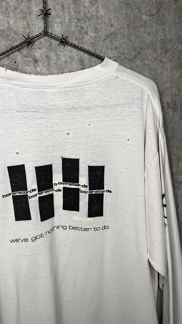 MELVINS FIEND CLUB FOUR-SIDED LONG SLEEVE THRASHED TEE 90’ | BONE RECORDS BLACK FLAG RIP BACK HIT | PUSHEAD ARTWORK