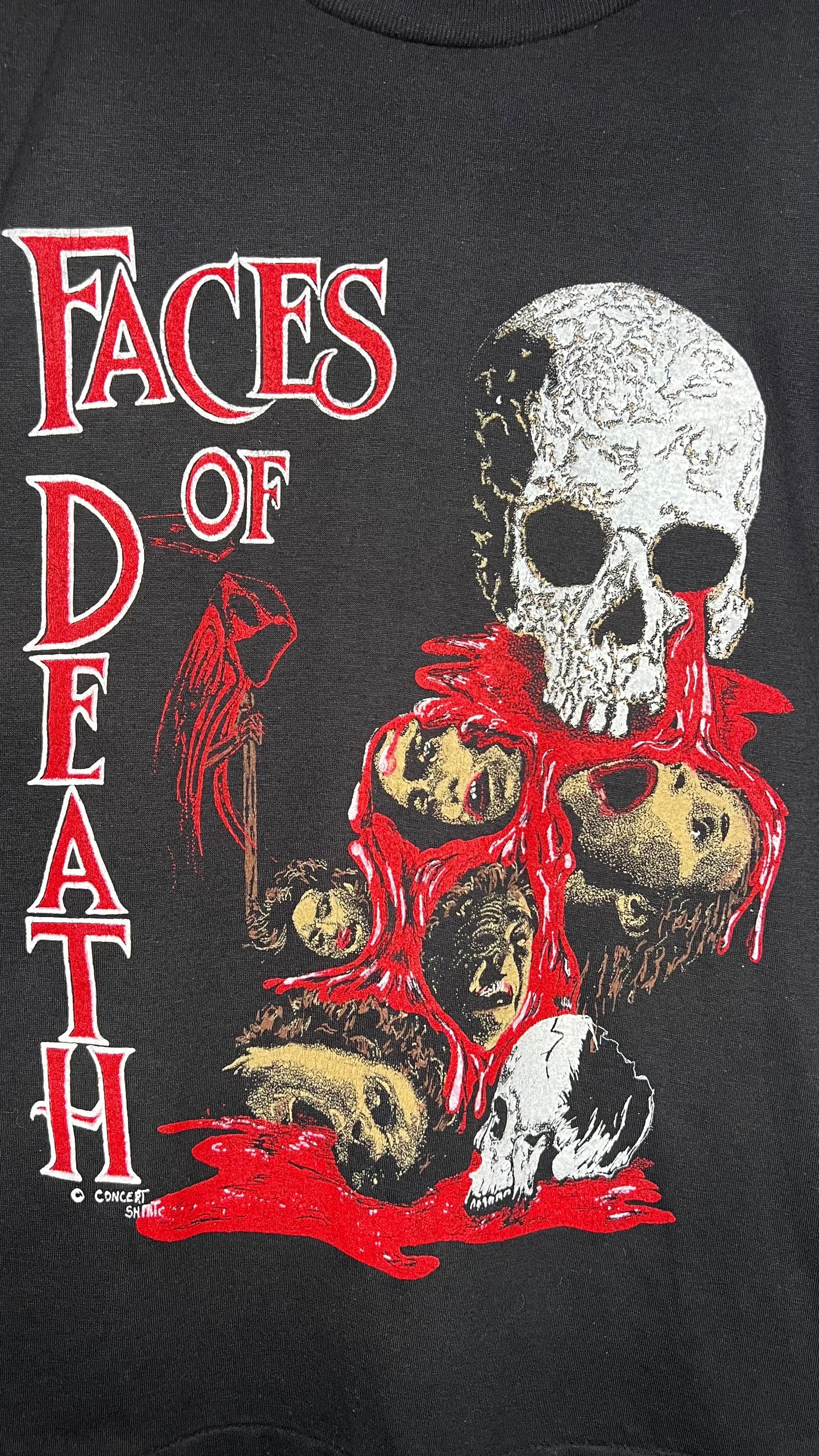 FACES OF DEATH RARE HORROR TEE | GRIM REAPER | BLOODY SKULL FOUNTAIN OF HUMAN HEADS